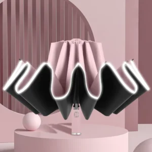 Fully Automatic Reflective Folding Sunshade Umbrella Black Glue 12-Bone Reverse with Reflective Strip