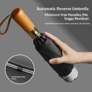 Fully Automatic Reverse Folding Umbrella with Solid Wood Handle, Engraved Design, UPF 50+ and Dual Bones