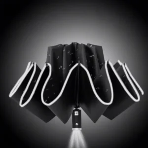 Fully Automatic Three-Fold Umbrella with LED Light Black Rubber UV Protection Custom Logo Printing
