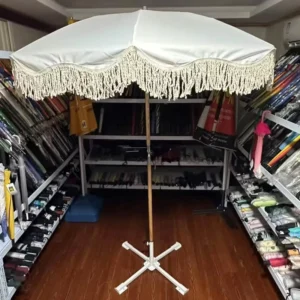 Garden Beach Parasol with Tassels, Long Handle, Wind Reinforcement, UV Protection