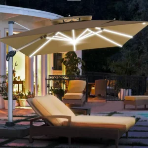 Garden Cantilever Patio Umbrella Outdoor Parasol 360 Degree Rotating Solar LED Light Courtyard Park Use