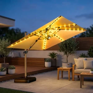Garden Cantilever Patio Umbrella Outdoor Parasol Contemporary Design 360 Degree Rotating Solar LED Light for Courtyard Park Use