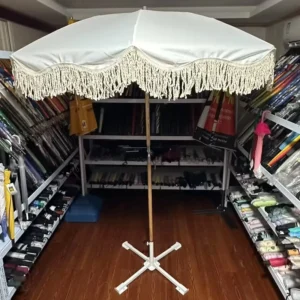 Garden Parasol Beach Umbrella With Tassels Long Handle Wind Reinforcement UV Protection