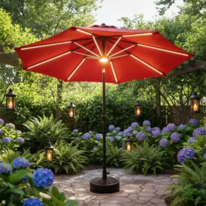 Garden Patio Solar Light Bar Umbrella 2.7m Round Olefin Center Pole Waterproof LED Ribs Bistro Outdoor Furniture Foldable