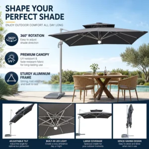 Garden Sombrillas Para 8/10 ft Double Canopy Modern Design Outdoor Furniture Solar LED Lights Cantilever Shade Umbrellas