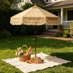 Garden Umbrella with Fringe Trim Center Pole Beige Patio Parasol Outdoor Market Sunshade for Lawn Picnic