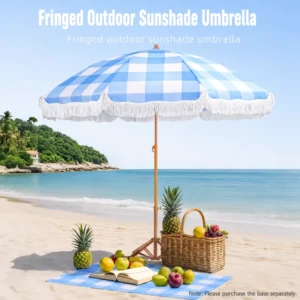 Gingham Checkered Blue and White Fringe Tassel Outdoor Sunshade Umbrella with Wooden Pole, Tilt Adjustable, Large
