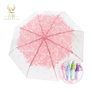 Girls 3-Fold Automatic Open Windproof Umbrella Clear PVC and Fabric for Travel