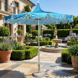 Glamping Aluminum Center-Pole Garden Beach Umbrella with Fringe, Scalloped Pagoda Design