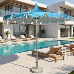Glamping Aluminum Scalloped Patio Umbrella Poolside Market Garden Parasol Vintage Pagoda Outdoor Umbrella with Tassel Fringe