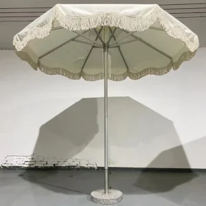 Glamping Fringe Outdoor Umbrella White Wedding Parasol Aluminium Centre Pole 3m Market Umbrella