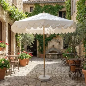 Glamping Luxury White Sun Parasol Beach Hotel Outdoor Umbrella Durable Big Size Garden Umbrella with Scallop Trim
