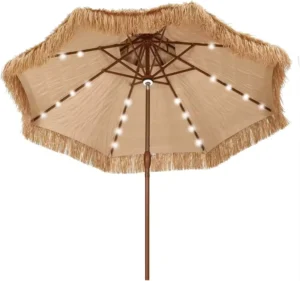 Glamping Metal Sun Garden Umbrella Outdoor Wind Resistant Beach Umbrella Wooden Straw Beach Umbrella With Led Light
