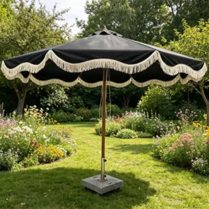 Glamping Tassel Market Parasol, Center Pole Outdoor Garden Umbrella, Wooden, Beach and Restaurant Use
