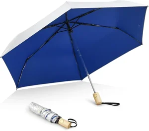 Gold Lining Mini 3-Fold Wood Handle Alloy-Rib Ultralight Pocket Compact Rain Umbrella for Travel and Golf