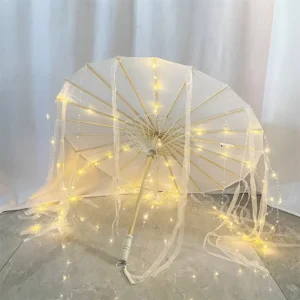 Gorgeous Chinese Japanese LED Umbrella with Tassels Glow in Dark Craft Luminous Handheld Umbrella Fairy Hanfu Photo Props