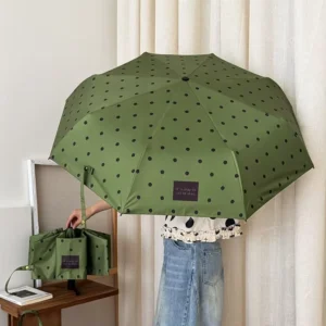 Green Coffee Polka Dot Automatic Folding Lightweight Travel Umbrella