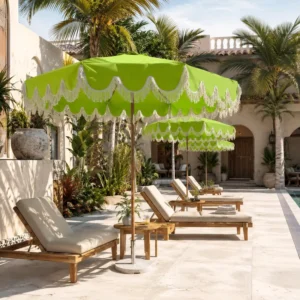Green Tassel Fringe Scalloped Beach Garden Parasol for Wedding, Resort, or Cafe