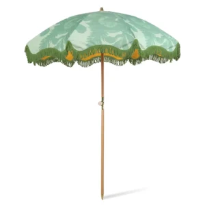 Green Wave Macrame Fringe Boho Beach Umbrella with UV Protection Polyester Tassels Tilt Beech Wood and Steel Frame