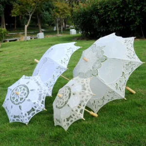 Handcrafted Lace Parasol with Natural Wood Handle Vintage Floral Embroidery Umbrella for Wedding Bridal Photoshoot and Party