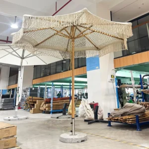 Handmade Cotton Tassel Rope Parasol with Heavy-Duty Hollow-Out Folding Patio Outdoor Restaurant Sunshade