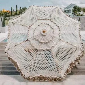 Handmade Crochet Macrame Cotton Rope Parasol Umbrella with Fringe Tassels for Outdoor Patio Courtyard Hotel Use