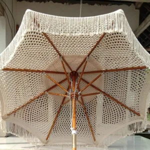 Handmade Crochet Parasol Macrame Beach Umbrella Beige Yarn Canopy with Crochet Tassels for Umbrella Accessories