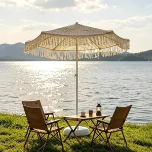 Handmade Mesh Beach Umbrella Garden Outdoor Sunshade for Camping with Tassel and UV Protection