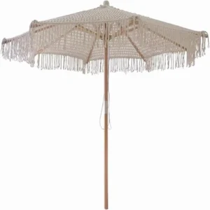 Handmade Outdoor Wooden-Pole Beach Garden Umbrella with Hollow Cotton Rope Tassel Decoration