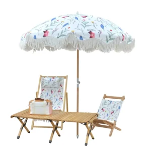 Handmade Tassel Beach Umbrella Floral Printed Canvas for Beach and Garden Parties