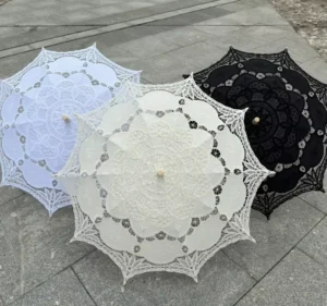 Handmade Umbrella for Bride Lace Parasol Hand Knitting Wooden Handle Umbrella Wedding Sun Umbrella