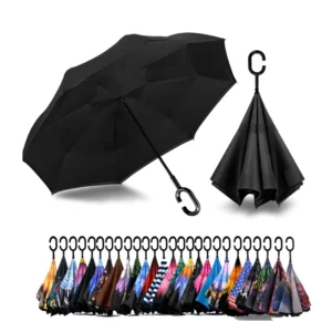 Hands Free C Handle Inverted Umbrella Windproof Double Layer Upside Down Reverse Umbrella With Logo