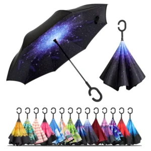 Hands-Free Wind-Resistant Inverted Umbrella with C-Shaped Handle, Double Layer