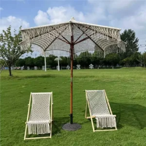 Handwoven Cotton Rope Outdoor Parasol Umbrella with Tassel Macrame Patio Sun Shade Tropical Beach Umbrella
