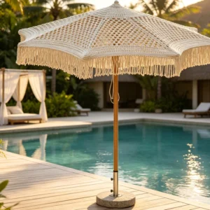 Handwoven Cotton Rope Tassel Aluminum Patio Umbrella Macrame Parasol for Hotel Courtyard Restaurant