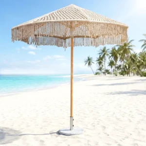 Handwoven Macrame Foldable Umbrella with Hollow Mid-Column and Tassels, 8.2 ft, Boho Beach and Hotel Shade