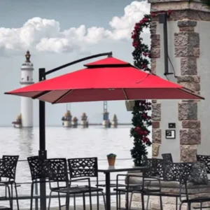 Hanging Waterproof Lightweight Patio Umbrella with LED String Lights for Outdoor Dining Courtyard