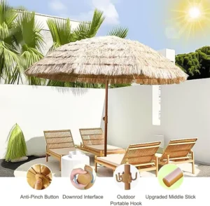 Hawaii Thatched Tiki Umbrella with Tilt Large Patio Beach Umbrella UPF 50+ for Sand