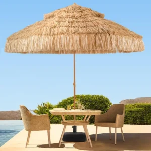Hawaiian-Style Outdoor Beach Umbrella with Double-Top Simulation Straw Canopy for Courtyard and Garden