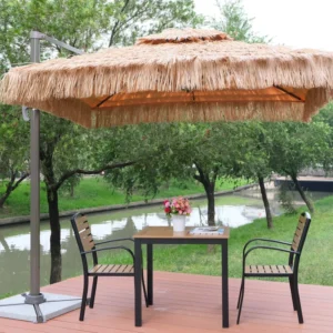 Hawaiian Style Raffia Thatch Beach Umbrella with Windproof Aluminum Frame, Polyester Sail, and Synthetic Palm Fronds