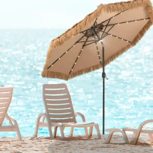 Hawaiian Style Straw PE Fabric Weave Patio Umbrella Adjustable Tilt Waterproof Foldable Outdoor Garden Beach Umbrella