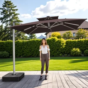 Heavy-Duty 110mm Aluminum Pole Outdoor Umbrella with 360° Rotation and 10000mAh Rechargeable LED Light for Outdoor Cafes