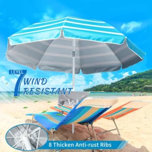 Heavy Duty 6.56 FT Beach Umbrella 5.9 FT Diameter Portable Tilt Pole UV 50+ Sand Wind Resistant Striped Patio Umbrella Base
