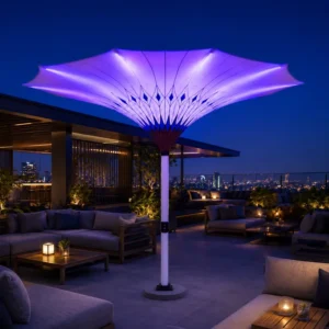 Heavy Duty Aluminum Commercial Outdoor Parasol Round Flower Shape Hotel LED Tulip Umbrella with LED Light Center Pole Base