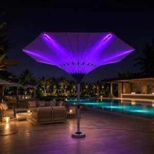 Heavy Duty Commercial Outdoor Parasol Round Flower Shape Hotel Led Tulip Umbrellas With LED Light Center Pole Umbrella