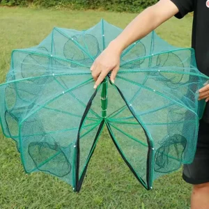 Heavy Duty Folding Umbrella Fishing Trap Net Reinforced Steel Frame Double Layer Multi Eyelets Mesh Cage for Shrimp Crab Bait