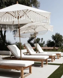 Heavy-Duty Large Outdoor Wooden-Pole Boho White Macrame Bali Beach Umbrella with Tassel Fringe