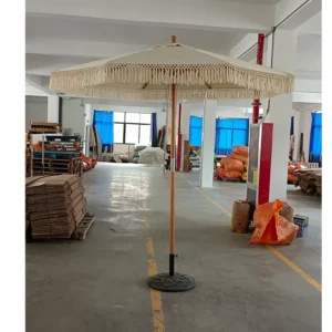 Heavy Duty Large Outdoor Wooden Pole White Macrame Bali Beach Umbrella with Tassel Fringe Sun Parasol