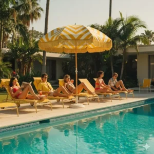 Heavy-Duty Manual Beach Umbrella with Fringe, Yellow and White Stripes, UV Protection, and Tilt