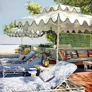 Heavy-Duty Two-Tier Scalloped Fringe Patio Umbrella with Granite Base